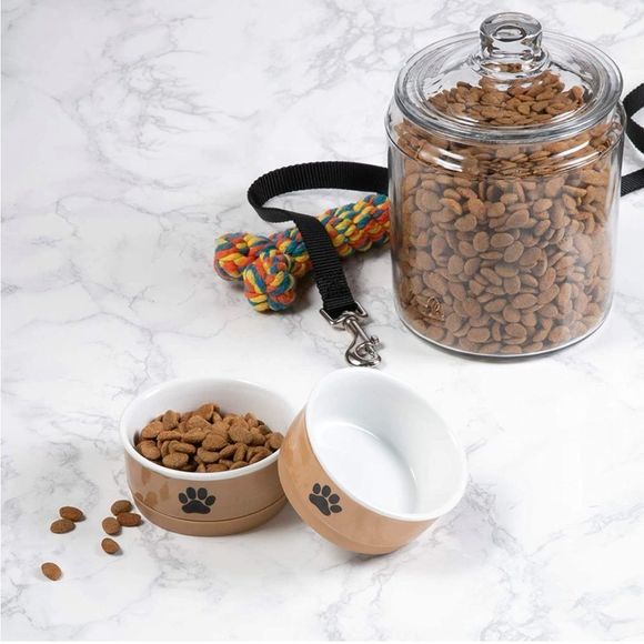 NIB!! Bone Dry Ceramic Pet Collection, Small Bowl Set, Paw 2 Count, Taupe/Black - Picture 2 of 8